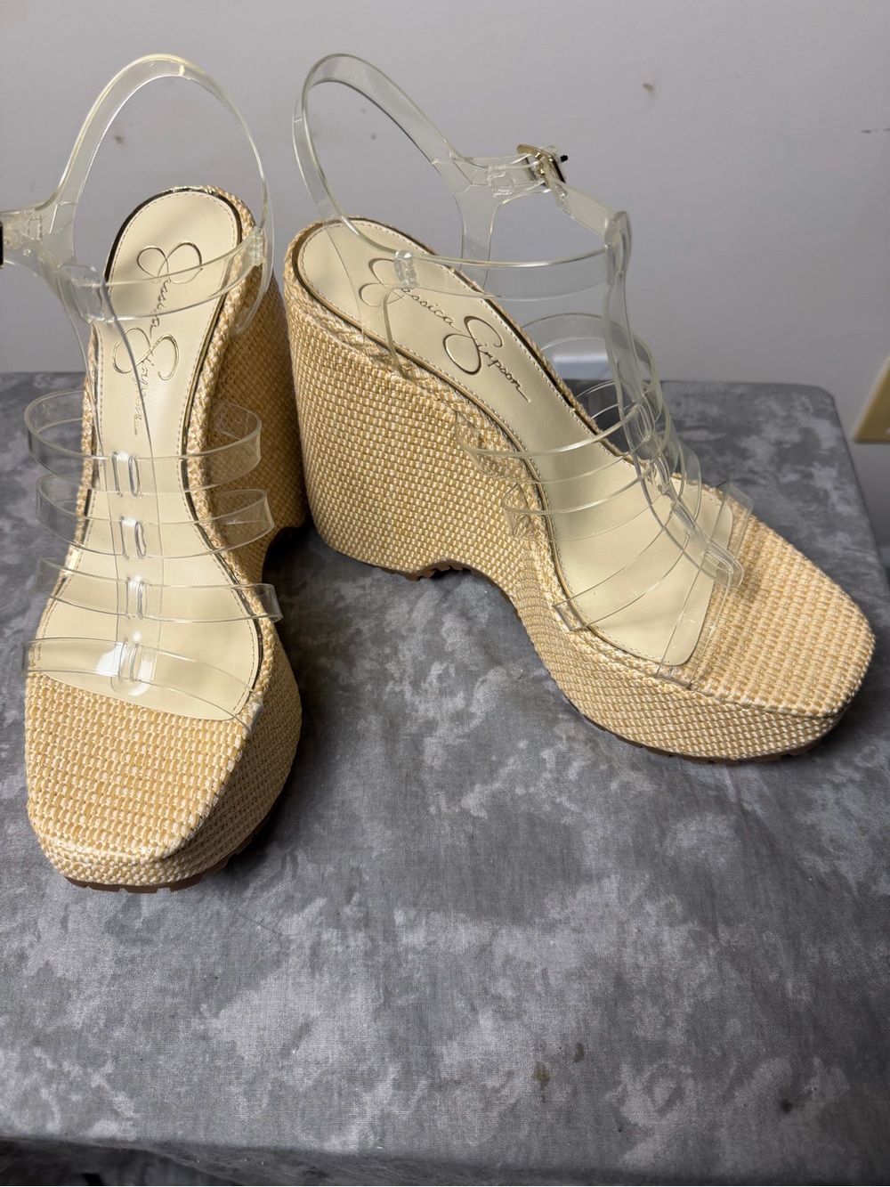 Brand New Jessica Simpson Clear Strap Wedge Sandals in Natural Size 10 - Picture 6 of 16